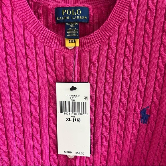 Polo by Ralph Lauren Girl’s Mini Cable Knit Cotton Cardigan - College Pink XL - Picture 3 of 7